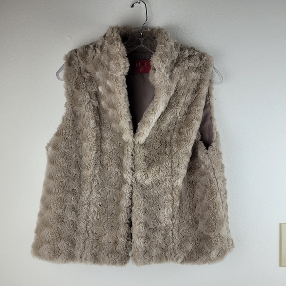 Elle faux fur cozy tan cropped high collar open vest comfy edgy luxe boho M - Picture 4 of 10